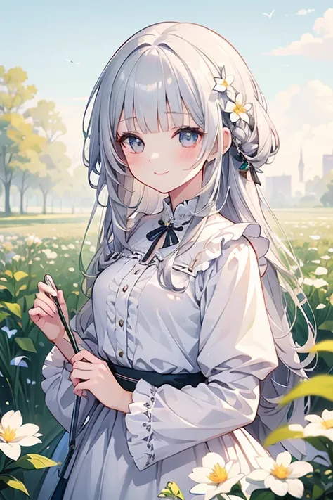 masterpiece, best quality, ultra-detailed, illustration, cute, Girl, Solo, Silver hair, fairy, blunt bangs, blouse, smile, flower, spring