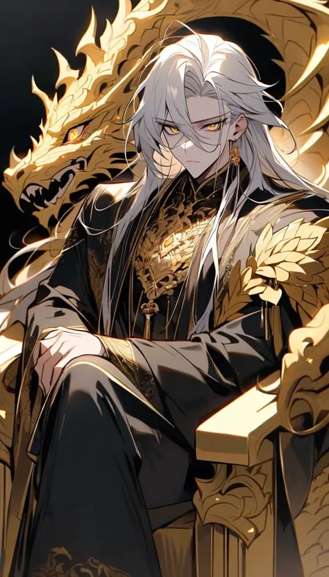 Handsome, solo, 1 male,  (Cold expression), long hair, white silver hair, yelow eye, sharp eyes, deep gold colored eyes, dark golden colored eyes, deep gold eyes, gold eyes, wearing a black Hanfu, full black Hanfu, Charming male god, ((perched atop a large...