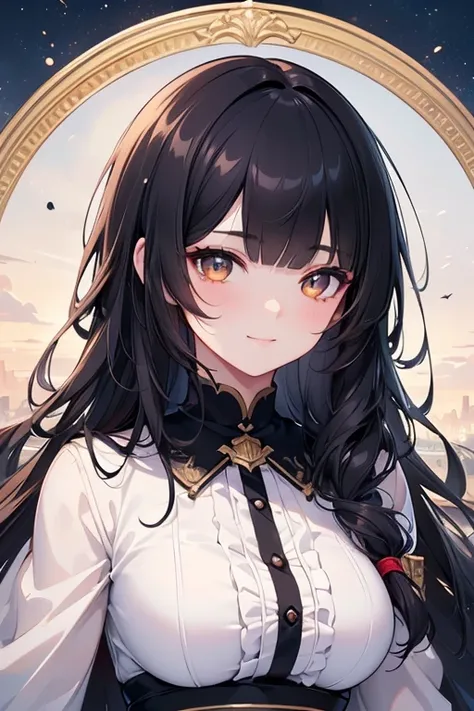 (masterpiece),(top-quality),(ultra-detailliert),hight resolution,in 8K animation,1girl,black hair,wavy hair,(round eyes),blunt bangs,kind smile,[violet eyes:(gold eyes):0.5],(beautifull detailed face),(beatiful detailed eyes)