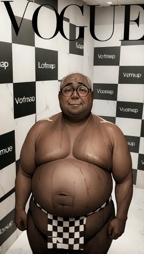 (Fat old man wearing glasses:1.3),Brown Skin,masterpiece, Highest quality, Ultra-high resolution,rich contrast,super high quality,8k,Highly detailed CG unit wallpaper,texture,Incredibly absurd,Ultra-high resolution,RAW Photos,Blue and white checked loinclo...