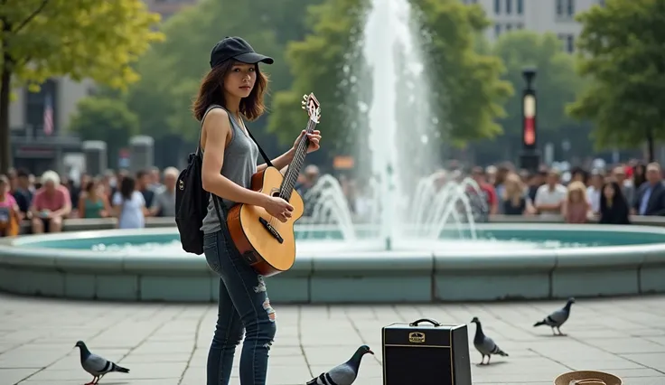 a young tanned japanese busker woman wearing black baseball hat, hair tied, tomboy, sleeveless grey loose shirt, ripped jeans, black boots, standing and holding and plays guitar in the park, You can see the cover of his guitar lying around and a small ampl...