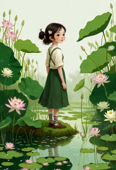 Off-white background, a  standing on the edge of a pond surrounded by water lilies and flowers, off-white background, light green color scheme, childrens book illustration style, flat painting style, lots of white space, minimalism, ultra HD