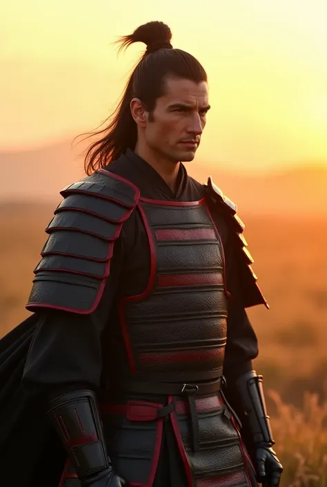 トムクルーズ主演の映画The Last Samuraiをオマージュして、The Last Samurai, alone、(Departing into the morning mist of dawn)、Blur the background、Wearing new, beautiful armor with a black base and red threatening accents.、A sense of tragedy and tension、(Highest quality、masterpiec...