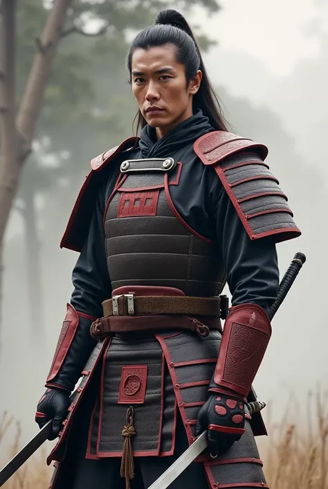 トムクルーズ主演の映画The Last Samuraiをオマージュして、The Last Samurai, alone、(Departing into the morning mist of dawn)、Blur the background、Wearing new, beautiful armor with a black base and red threatening accents.、A sense of tragedy and tension、(Highest quality、masterpiec...