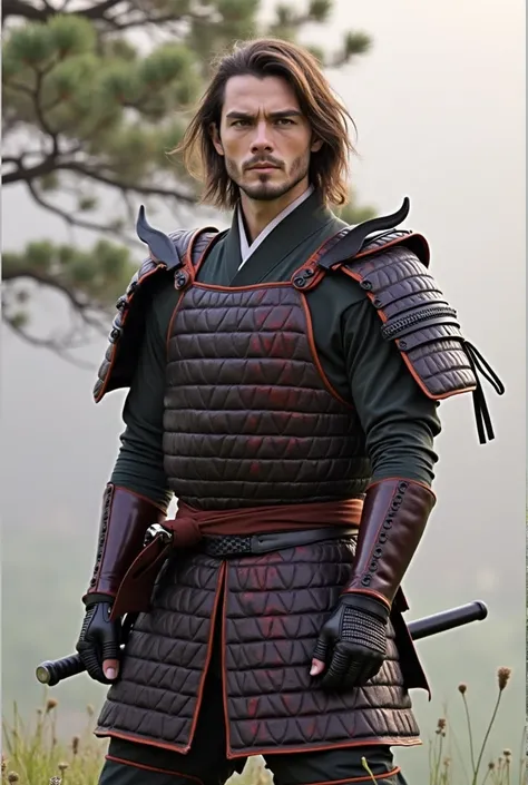 トムクルーズ主演の映画The Last Samuraiをオマージュして、The Last Samurai, alone、(Departing into the morning mist of dawn)、Blur the background、Wearing new, beautiful armor with a black base and red threatening accents.、A sense of tragedy and tension、(Highest quality、masterpiec...