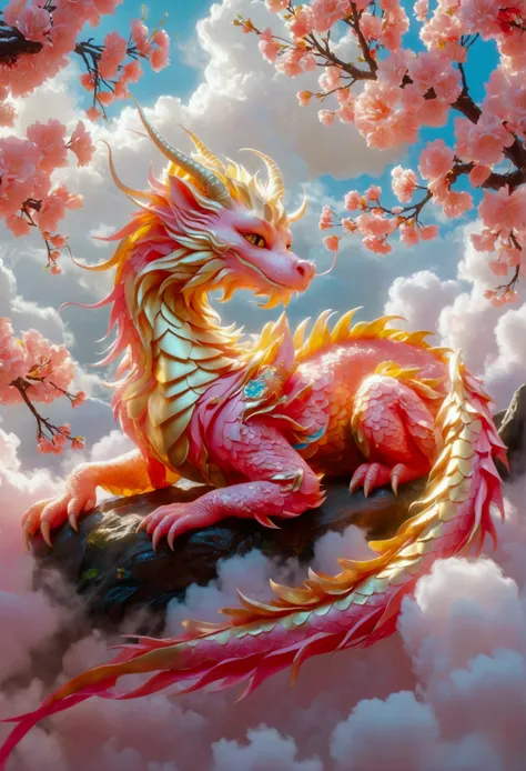 [vision:1.0]，[wide angle:1.0]，dragon sleeping on clouds, translucent glass brush, sakura and gold style, anime aesthetics, furry...