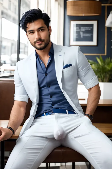 A handsome and sexy man wearing a casual white short and blue suit,and formal pant, , he has gorgeous face,and stylish black hair, and short beard, he is sitting in a cafe, homoerotic, nsfw ,open legs, alluring pose,(pussy)