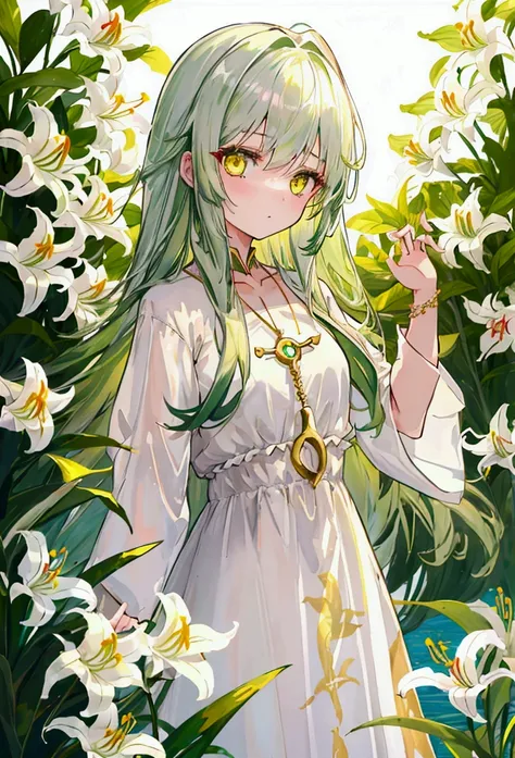 a girl with long dark green hair, yellow eyes,White Lily，Bangs，The golden sun in the background，Silver cross necklace，A sea of lilies
