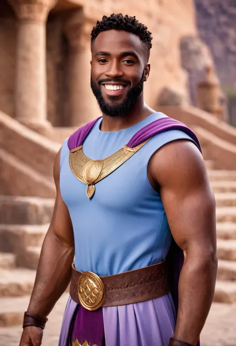 Caucasian Disney character Megara from Disneys "Hercules" and a handsome African American male whose facial features are a combo of Yahya Abdul-Mateen II + Jelani Alladin + Jason Derulo pose together for a photo. Both are smiling. The male wears a brown le...