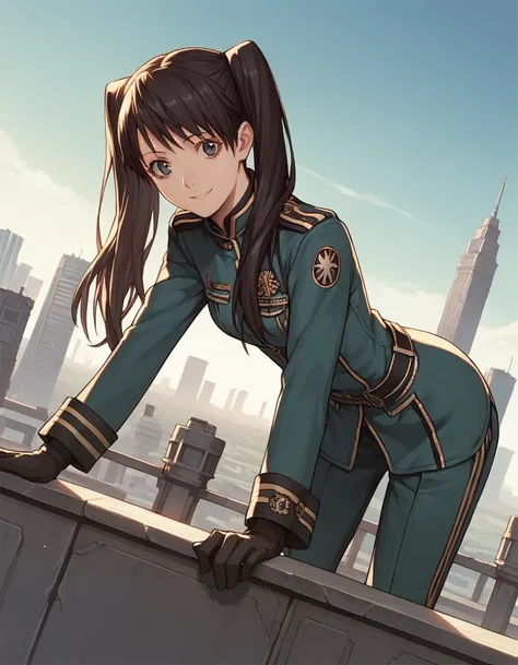 score_9, score_8_up, score_7_up, source_anime,
lenaleelee, lenalee lee, long hair, bangs, twintails, 
gloves, uniform, military, military uniform,
outdoors, cityscape, smile, bent over,
looking at viewer, solo, cowboy shot, dutch angle,