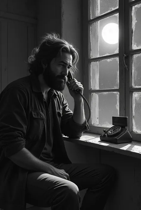 A bearded man with long, unkempt hair, holding a phone to his ear, sits by a window in a dimly lit room. His face is somber, gazing out the window at the stars and moon. Black and white art.