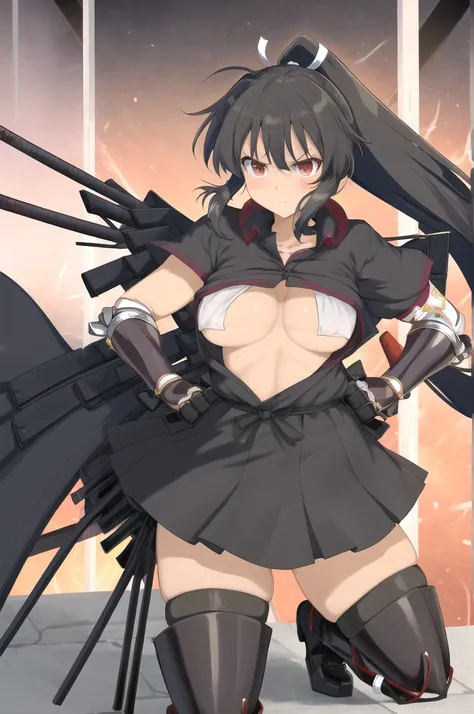 Homura(Senran Kagura), Homura has tanned skin and her dark brown hair is tied in a long ponytail with a white ribbon, the ends of the ribbon standing straight up. She wears a short black dress that looks similar to her old Hebijo uniform, and covers it wit...