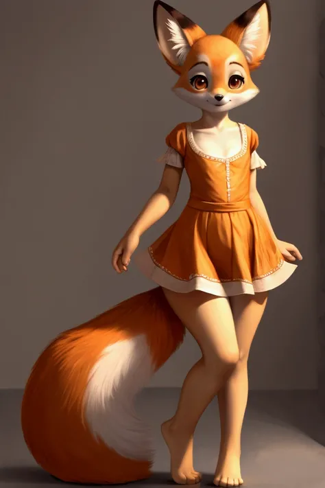 Little slim female vixen with nice big thighs and orange and white fur and cute brown eyes and she is wearing a short dress with a full body mini skirt and she is 8 years old.