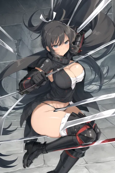 Homura(Senran Kagura), Homura has tanned skin and her dark brown hair is tied in a long ponytail with a white ribbon, the ends of the ribbon standing straight up. She wears a short black dress that looks similar to her old Hebijo uniform, and covers it wit...