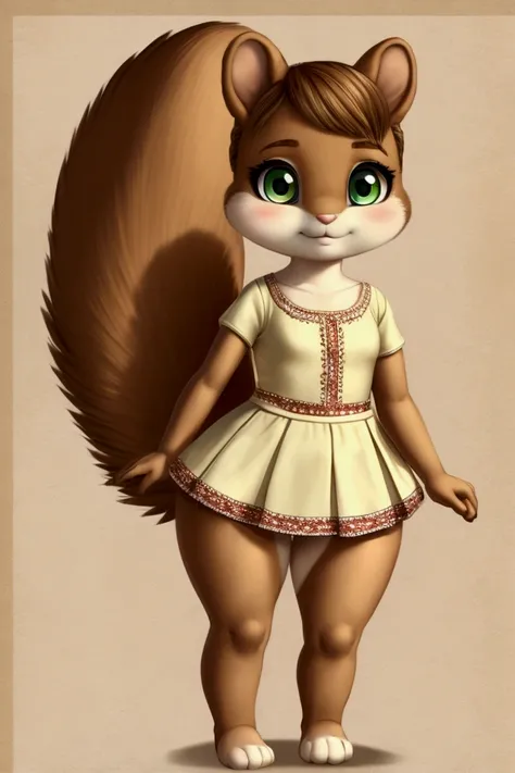 Little slim female squirrel with nice big thighs and cream brown fur and cute green eyes and is wearing a short dress with a full body mini skirt and is 8 years old.