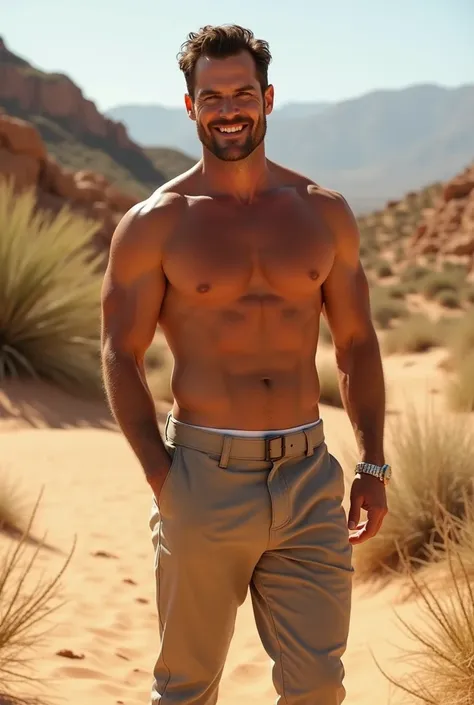 Henry Cavill looking straight ahead smiling, Naked in the desert, Naked you can see his erect penis and testicles, full body, there are cacti and weeds, is in a sexy pose, showing his genitals