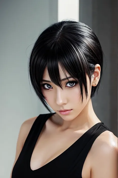 Anime art , Short black hair with white highlights, female , Left eye is black , Right eye is white , Wearing a black outfit