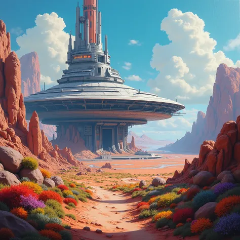 
(best quality, 8K, high resolution, masterpiece), ultra detailed, oil painting, a futuristic base on a distant alien planet, surrounded by strange landscapes and vibrant alien flora, the structures sleek design contrasting with the wild environment, paint...