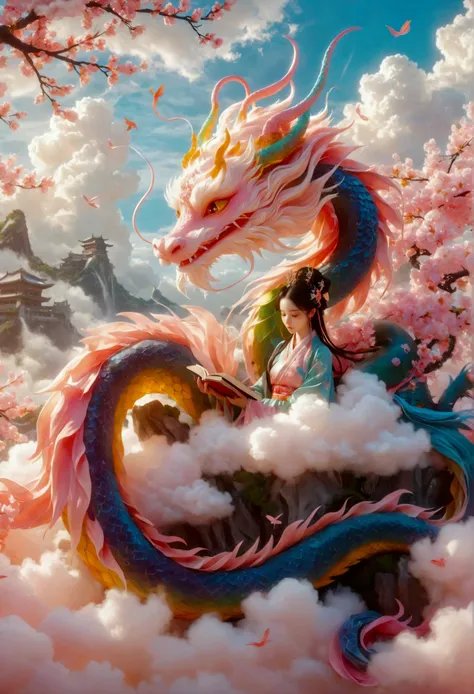 [Vision:1.0]，[Wide Angle:1.0]，Dragon sleeping on clouds, translucent glass brush, Sakura and gold style, anime aesthetics, furry art, pink, elaborate, 3d, C4D rendering, 8k, super high detail, Bright colors，Bright，Ultra high saturation，rgb, Colorful)，(High...