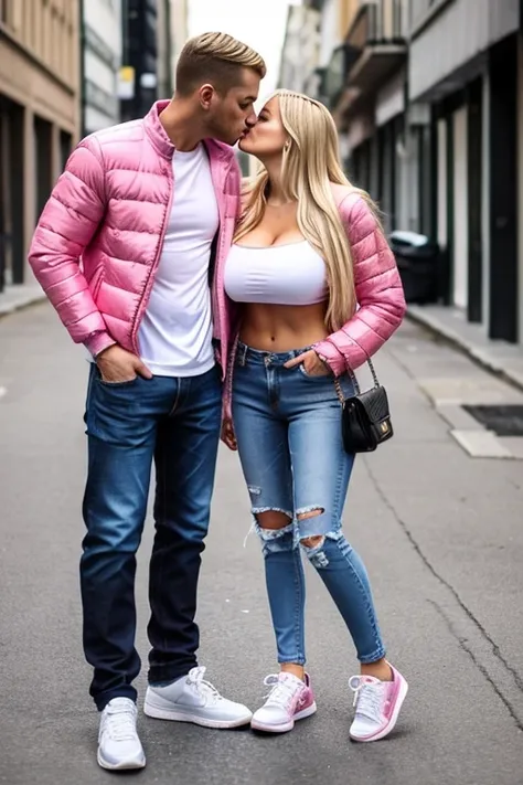 Girl and boy, , Girl large breasts long blonde hair wearing revealing bandeau top wearing jeans and sneakers wearing a pretty pink down jacket. Man wearing jeans and sneakers, a shirt and a black down jacket, both kiss