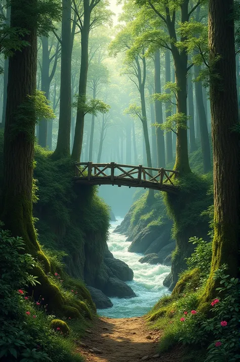 "Create an image of a dense forest with towering trees. There is a rickety wooden bridge over a rushing river, and an ancient path leading deeper into the woods. The scene is mysterious yet inviting."