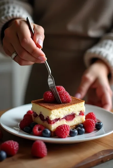 Classic scene, detailed photo of a womans hand decorating a plate of tiramisu cake in the middle (slightly to the left) with a fork, surrounded by berries, light shining on the plate of cake