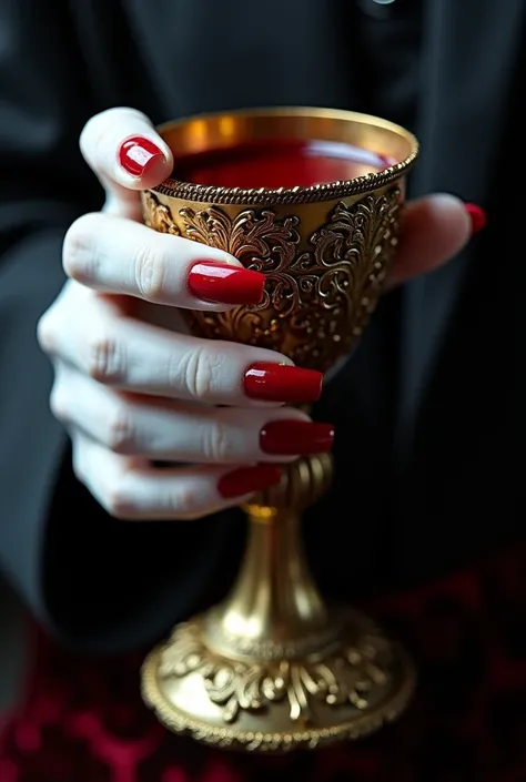 A close-up of a vampires hand holding a golden grail filled with blood, pale white skin, crimson nail color, sharp and pointy nails, photorealistic, ethereal, dramatic lighting, chiaroscuro, intricate details, gothic horror, dark fantasy, deep red colors, ...