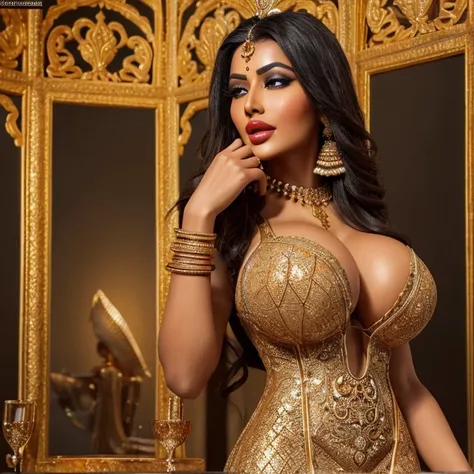 A beautiful, sexy bimbo dressed as a magnificent Indian empress with an hourglass figure in a sensual pose.; ((Traditional Indian empress dress.)); standing; ((Ultra shiny lips)); ((Bright orange lips)); ((Traditional Indian makeup)); Ultra-realistic skin,...