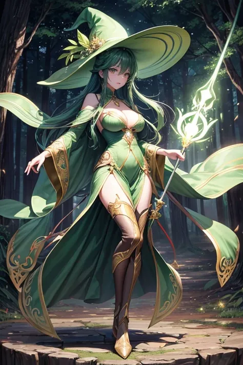 full body display、Magician Woman、24-years-old、Green, large brim hat、Wears a long green cape、Green bodysuit、More exposed skin、Beautiful Face、Green long hair、He is chanting a spell with a serious face.、The body is facing forward、holding a staff with a jewel ...