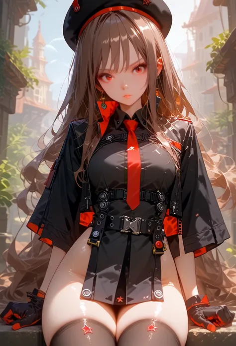 rapidef, red eyes, brown hair, long hair, bangs, beret, black jacket, cropped jacket, red necktie, gloves, black shirt, belt, th...