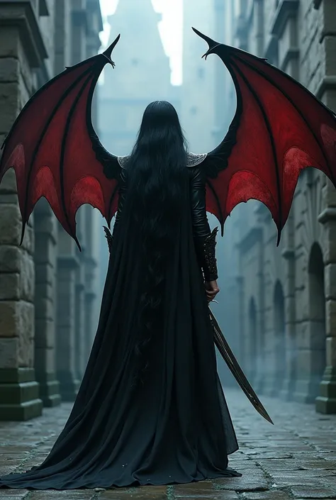 (photorealism:1.2), beautiful two persons, make a vampire boy with , with very long black hair, in black gothic Victorian clothes, with a sword fighting with a red gargoyle, with black leather bracelet, black leather skirt, with bat wings.