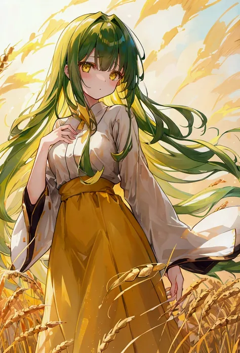 a girl with long dark green hair, yellow eyes,Endless golden wheat fields，Bangs，Subtle clothes，100 days
