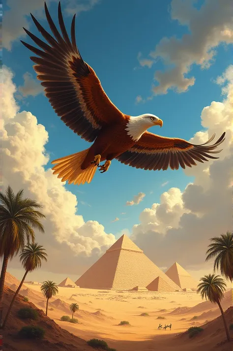 A back view of eagle flying in sky eagle seeing war between Egyptian army and dark Egyptian god and other Egyptian godin desert from above 