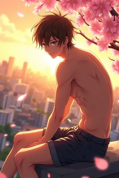 An anime-style man (brown hair and slightly muscular) is sitting and shirtless while he has his hands on his legs making a suggestive gesture 