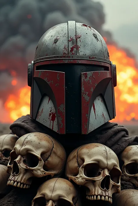 A cracked Mandalorian helmet on top of a pile of skulls, surrounded by a desolate sky filled with fire and bombardment explosions. Theres a splatter of blood across the Mandalorian helmet that drips down onto the pile of skulls underneath it. 