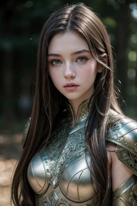 (masterpiece), (extremely intricate:1.3), (realistic), (film grain, blurry background, blurry foreground), portrait of a girl, the most beautiful in the world, futuristic armor, dark green eyes, long dark Brunette hair, pale skin, thin lips.