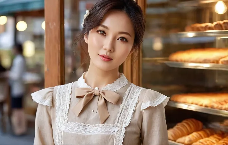 instagram photo, 40 y.o, breathtakingly beautiful korean japanese woman, eyes sparkling with joy, she stands at a vintage bakery...