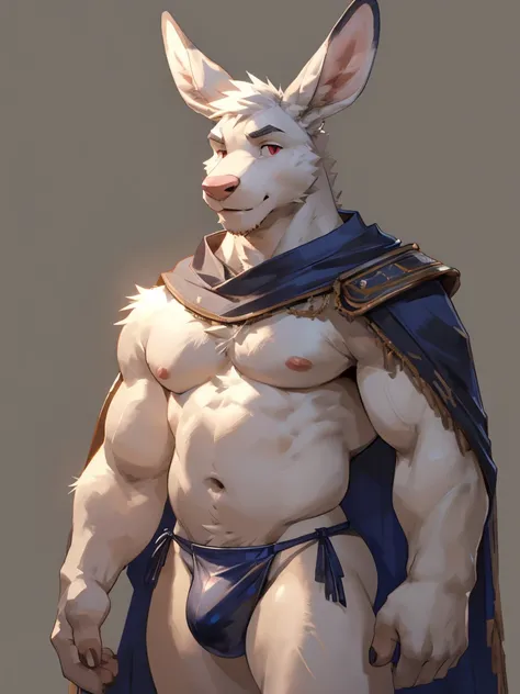 Solo, male, albino kangaroo, in one color tone, with long ears, in gladiator shoulder cape, navel showing, in gladiator thong, chest, big chest view, ((focus body, furry focus, shades focus, body shades)) (((gray background, gray wallpaper, one color))), b...