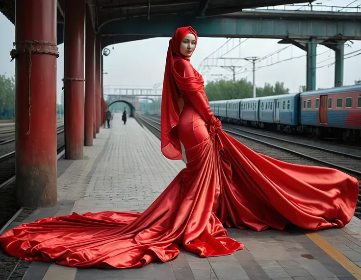 a rusian woman shrouded in a 10-meter-long, plush red satin cloth, tightly bound and grandly draping along the form of her body,...