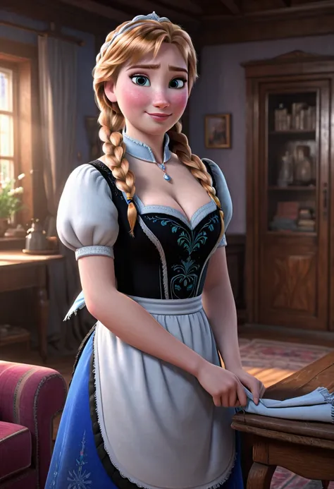 woman, ((Masterpiece, best quality)), full body view, bursting huge breasts, detailed skin, Anna from Frozen as a maid, maid clothes, clileaning the living room,  highly detailed, cinematic lighting, ultra realistic, blush, looking at viewer, anna, anna fr...