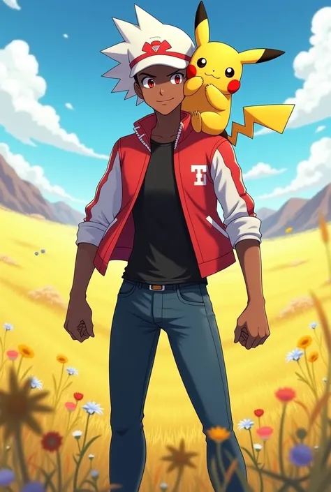 A black-skinned Pokémon trainer, Eyes red, white  hair, wearing a black shirt, a red jacket with white sleeves, a red cap with white details, dark blue jeans and red sneakers, in an open field with a Pikachu on his shoulder.