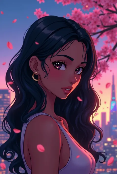 A woman in mid twenties with black hair and dark skin, anime style