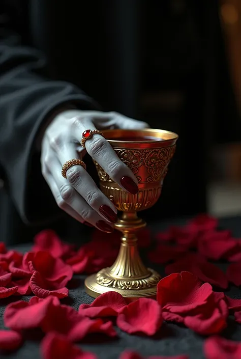 A close-up of a vampires hand holding a big golden grail filled with blood on the table with rose pedals, holding with single hand, focus on the hand, hand with a ruby ring, skinny hand, pale gray skin, crimson nail color, velvet tunic, sharp and pointy na...