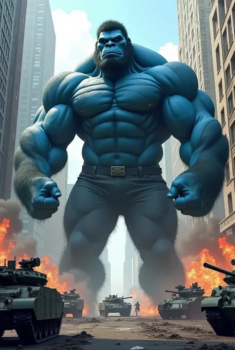 A muscular, blue gorilla-man the size of Hulk , furious against the military in an urban city 