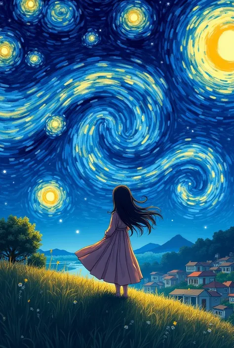 Generate a anime style starry night painting by Vincent van Gogh for mobile wallpaper 