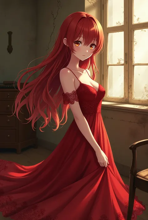 Beautiful red-haired anime girl with brown eyes and long hair wearing an elegant red dress in an old house. 