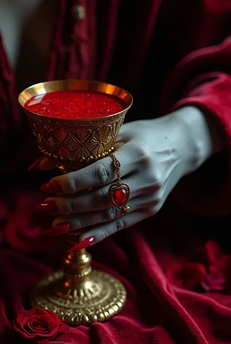 A close-up of a vampires hand holding a big golden grail filled with blood on the table with rose pedals, glowing red liquid inside the grail, holding with single hand, focus on the hand, hand with a ruby ring, skinny hand, pale gray skin, crimson nail col...