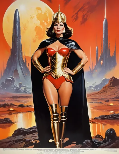 High quality, 1980s painted sci-fi movie poster, bold text centered on top “Queen of the Final World”, (40 years old), tall muscular ((Jewish woman)), wide chin, big nose, broad shoulders, wide hips, thick thighs, red plastic helmet, golden shoulder pads, ...