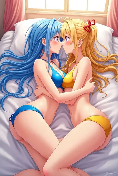 two sexy anime women laying on top of each other while kissing on a bed, multiple girls, 2girls, bikini, swimsuit, breasts, yuri, on back,  shiny-skinned female, lying, dark skin, indoors, blue hair blue bikini wearing girl,yellow hair and yellow bikini we...