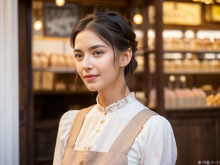 best quality, full body portrait, delicate face, pretty face,slim figure,OL, instagram photo, 40 year old, breathtakingly korean woman, eyes sparkling with joy, she stands at a vintage bakery shop, side dutch pose, ((turn towards right side)), (masterpiece...